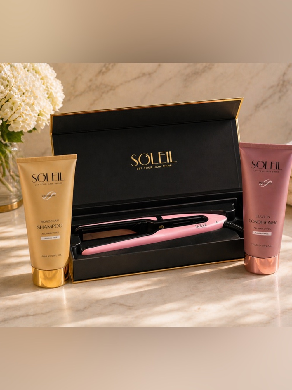 3 PIECE COMBO - Soleil Pink Hair Straightener with Shampoo & Conditioner Set